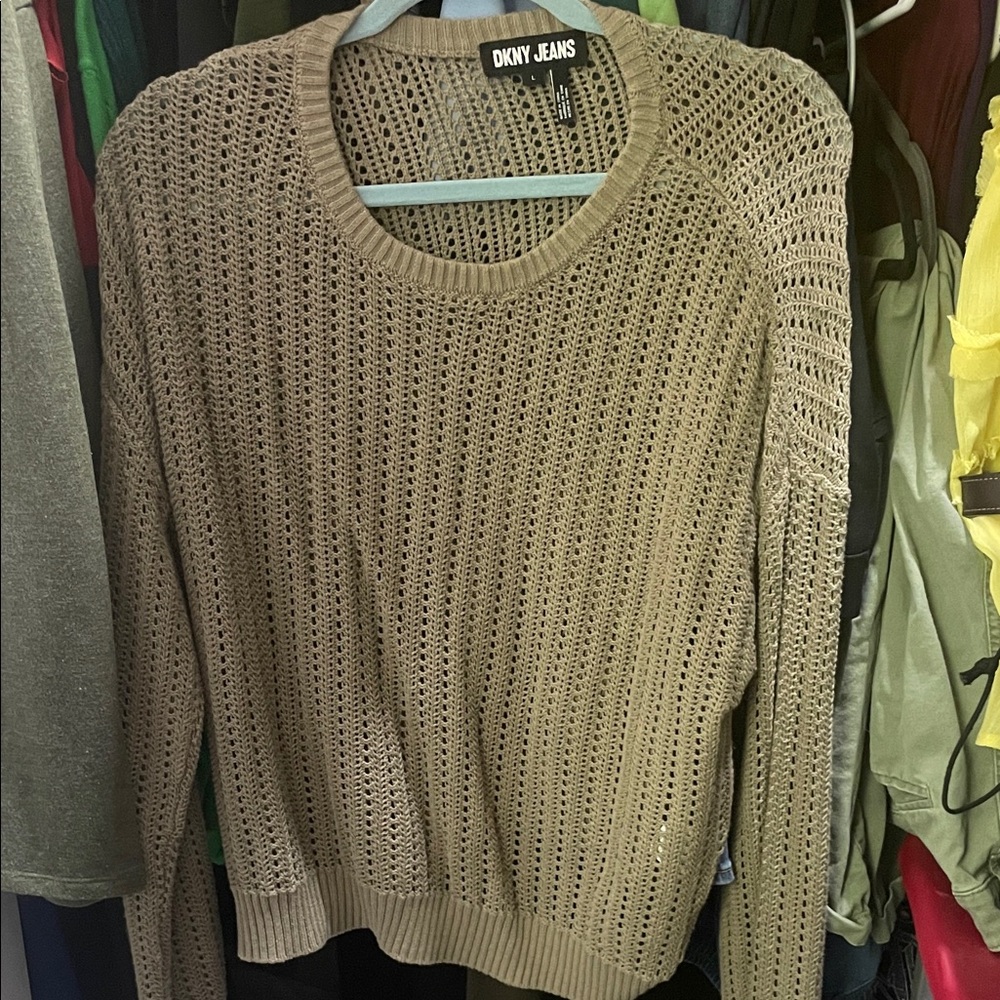DKNY Open Knit Crewneck Sweater in Olive Green